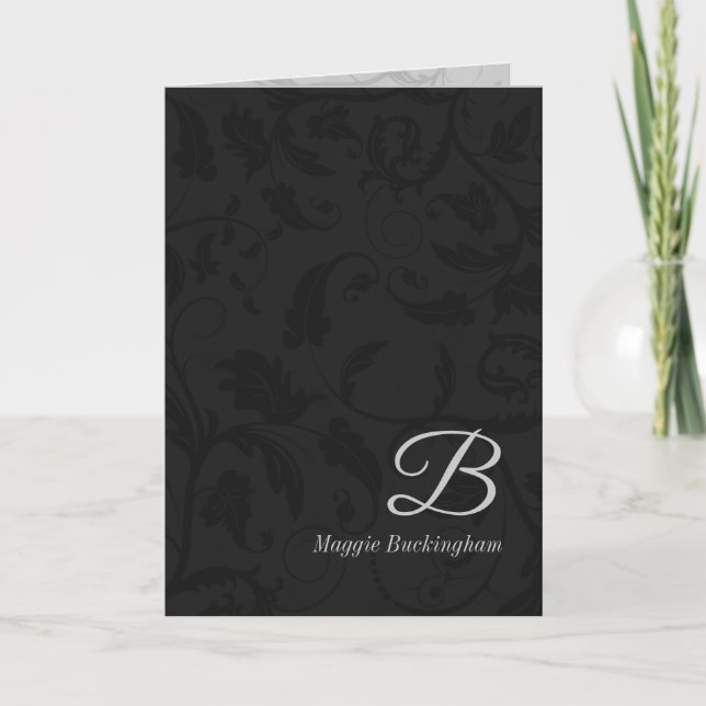 Black Damask Monogrammed Deluxe Greeting Note Card (Front)