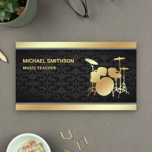 Black Damask Music Teacher Gold Drum Kit Drummer Business Card