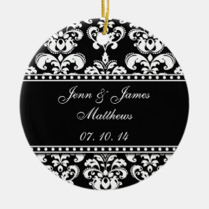 Black Damask Names Date Wedding Ornaments