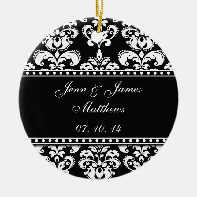 Black Damask Names Date Wedding Ornaments (Front)