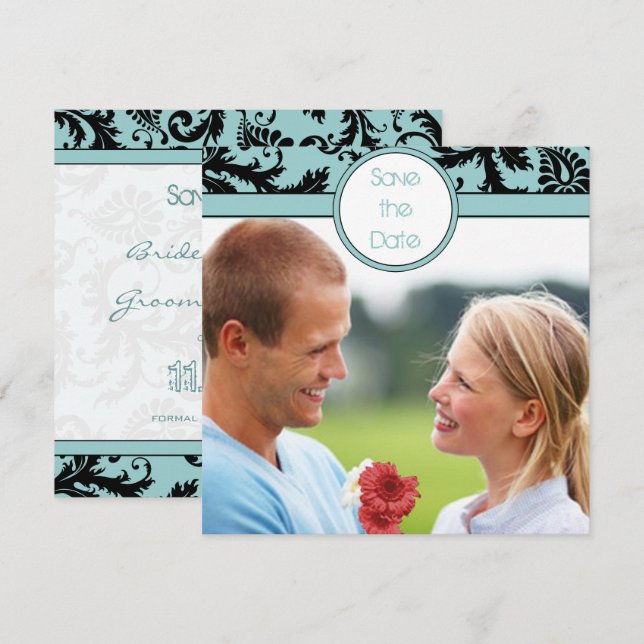 Black Damask on Aqua Wedding Save the Date Invitation (Front/Back)
