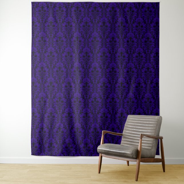 Black Damask on Deep Purple Elegant Chic Backdrop Tapestry (In Situ)