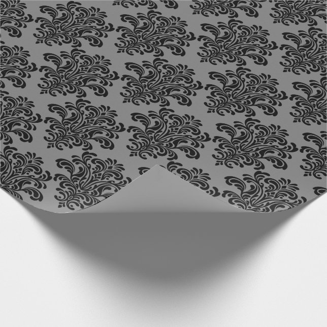 Black Damask on Grey Elegant Pattern Wrapping Paper (Corner)