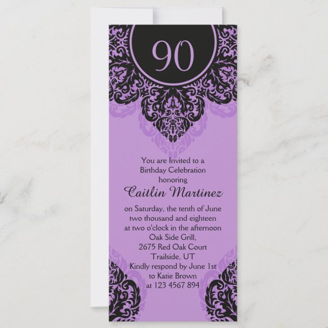 Black damask on lilac purple 90th Birthday Party Invitation (Front)