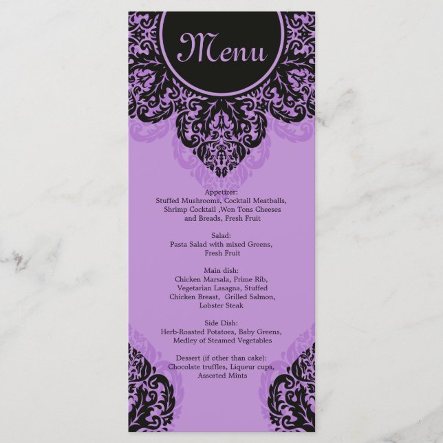 Black damask on lilac purple Menu Rack Card (Front)
