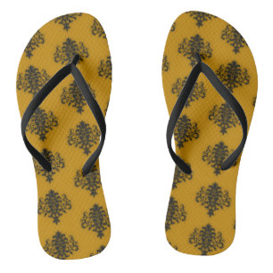 Black damask on mustard yellow pattern flip flops