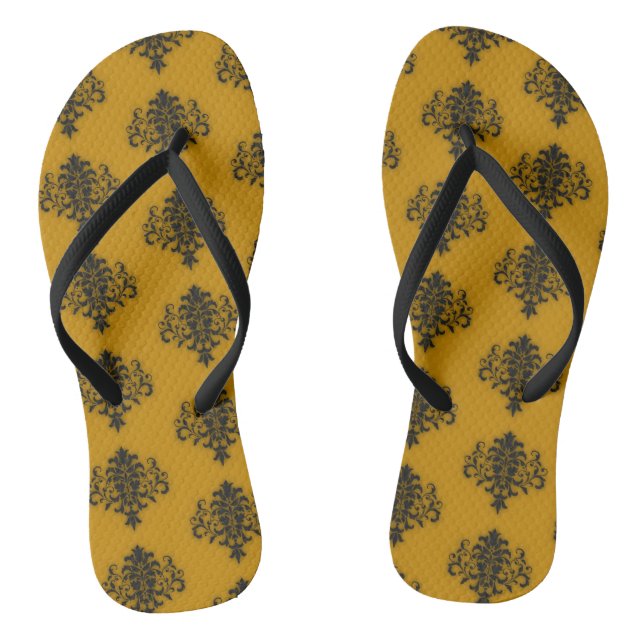 Black damask on mustard yellow pattern flip flops (Footbed)