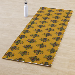 Black damask on mustard yellow pattern yoga mat
