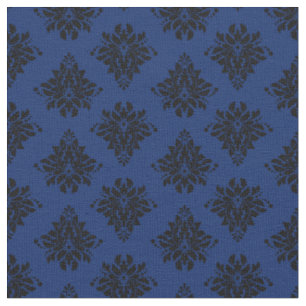 Black Damask on Navy Blue Fabric