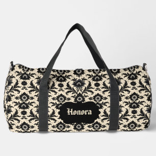 Black Damask on Sepia Duffle Bag