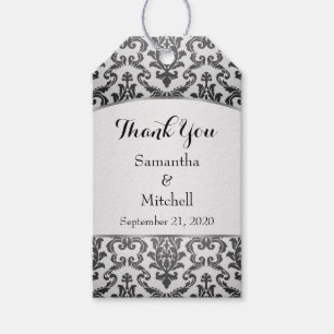 Black damask on silver grey Wedding Thank You Gift Tags