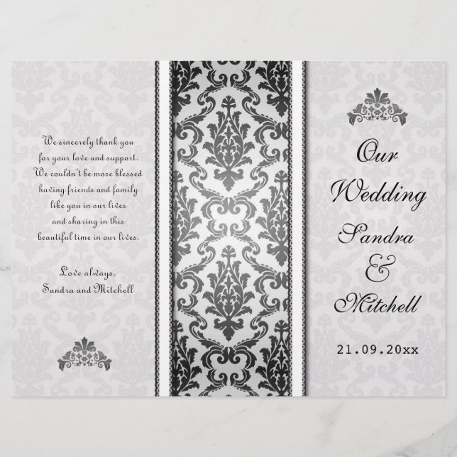 Black damask on silver Wedding Program (Front)