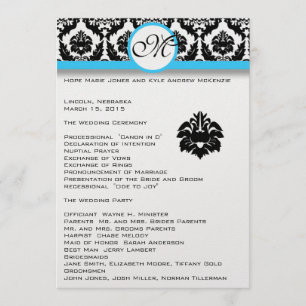 Black Damask On White Aqua Trim Wedding Program Programme