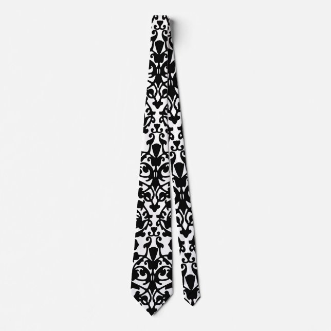 Black Damask on White Designer Necktie (Front)