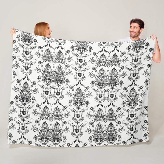 Black Damask on White Fleece Blanket (In Situ)