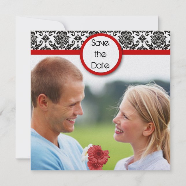 Black Damask On White Red Trim Save The Date (Front)