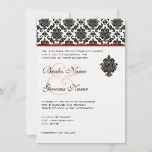 Black Damask On White  Red Trim Wedding Invitation