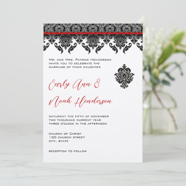 Black Damask On White  Red Trim Wedding Invitation (Standing Front)