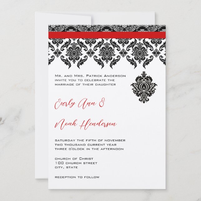 Black Damask On White  Red Trim Wedding Invitation (Front)