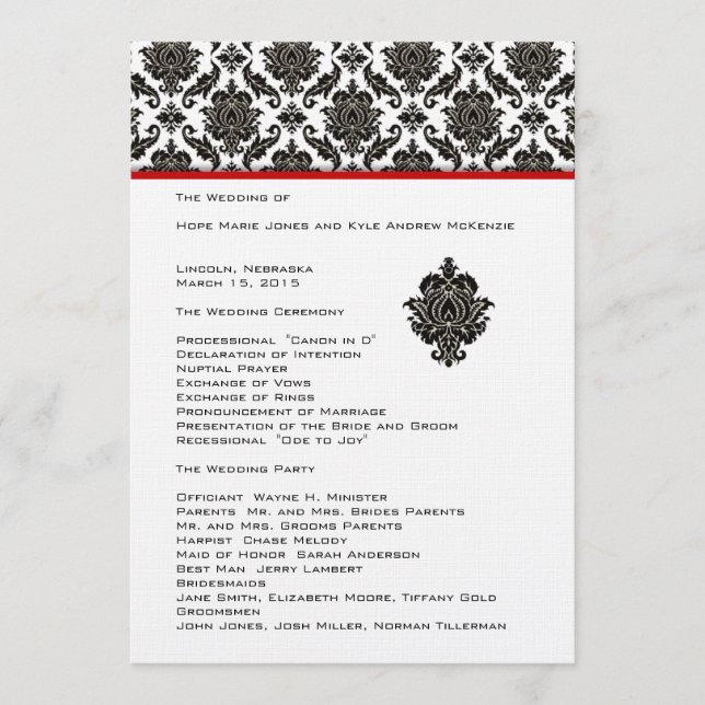 Black Damask On White  Red Trim Wedding Program Programme (Front)