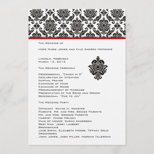 Black Damask On White  Red Trim Wedding Program Programme (Back)