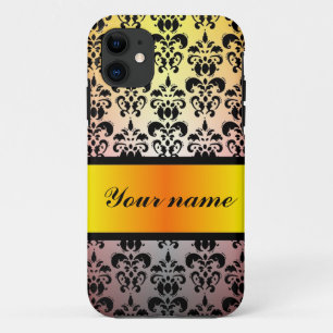 Black damask & orange gold ribbon iPhone 11 case