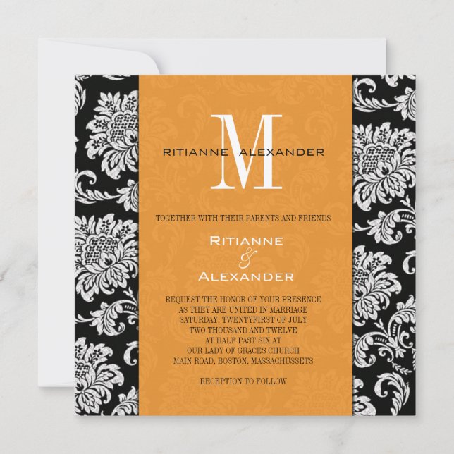 Black Damask Orange Monogram Wedding Invitation (Front)