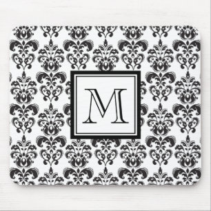 Black Damask Pattern 2 with Your Monogram Mouse Mat