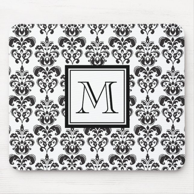 Black Damask Pattern 2 with Your Monogram Mouse Mat (Front)