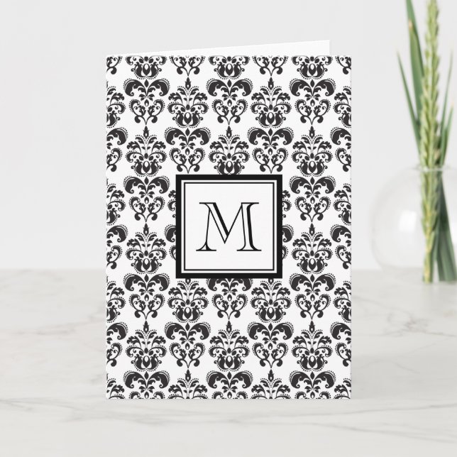 Black Damask Pattern 2 with Your Monogram Note Card (Front)