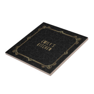 Black Damask Pattern, Art Deco Frame, Custom Text Tile