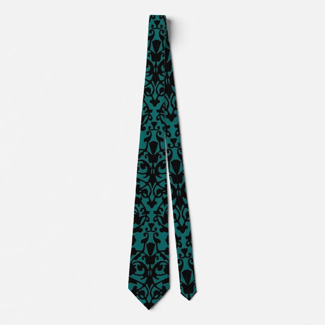 Black Damask Pattern on Green Designer Necktie (Front)