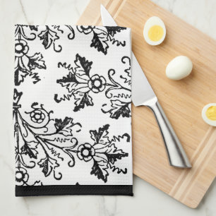 Black Damask Pattern on White Kitchen Towel