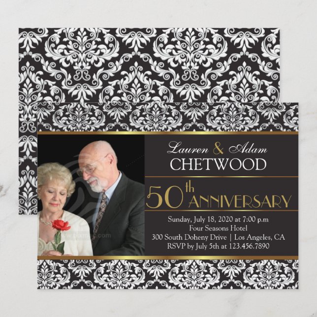 Black Damask Photo 50th Wedding Anniversary Invite (Front/Back)