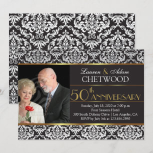 Black Damask Photo 50th Wedding Anniversary Invite