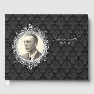 Black Damask Photo Funeral Guest Book