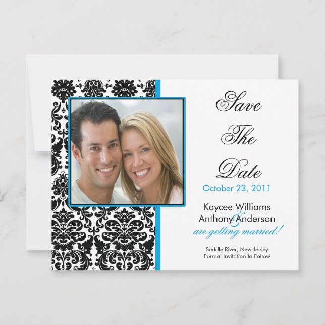 Black Damask Photo Save The Date Announcement (Front)