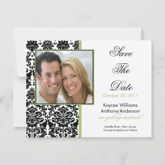 Black Damask Photo Save The Date Announcement (Front)