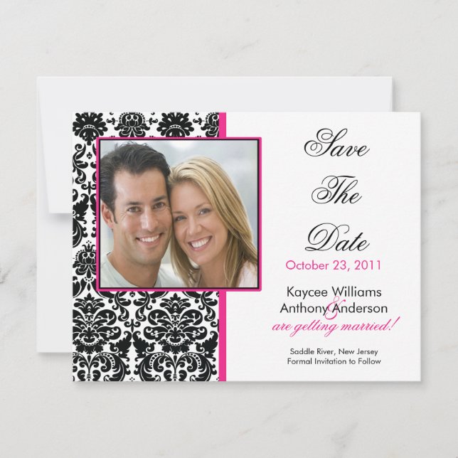 Black Damask Photo Save The Date Announcement (Front)