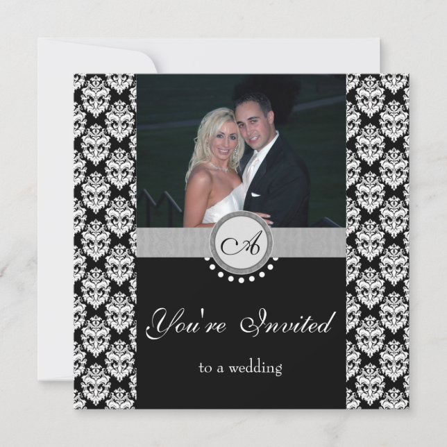 Black Damask Photo Wedding Invitation (Front)