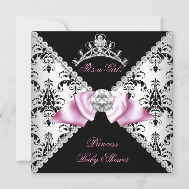 Black Damask Pink Bow Princess Baby Shower Diamond Invitation (Front)