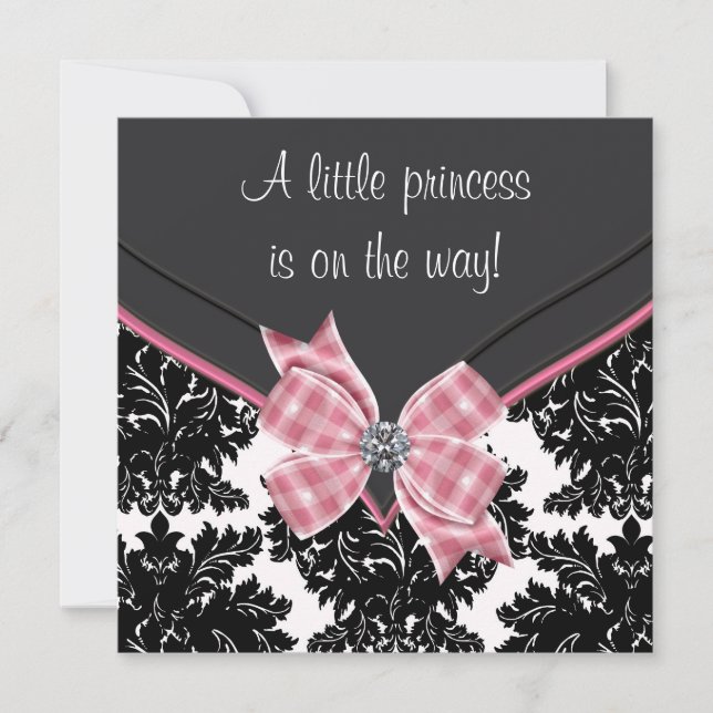 Black Damask Pink Bow Princess Baby Shower Invitation (Front)