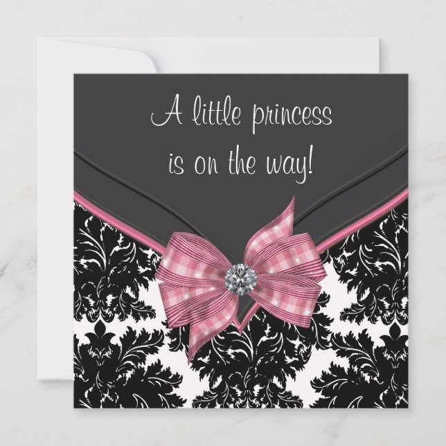 Black Damask Pink Bow Princess Baby Shower Invitation (Front)