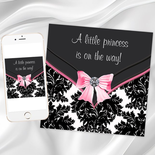 Black Damask Pink Bow Princess Baby Shower Invitation (Pink black damask baby shower invitation. Add text of your choice to front and back. Digital & Print)