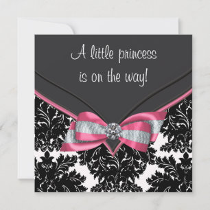 Black Damask Pink Bow Princess Baby Shower Invitation