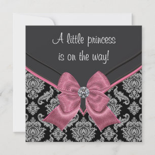 Black Damask Pink Bow Princess Baby Shower Invitation