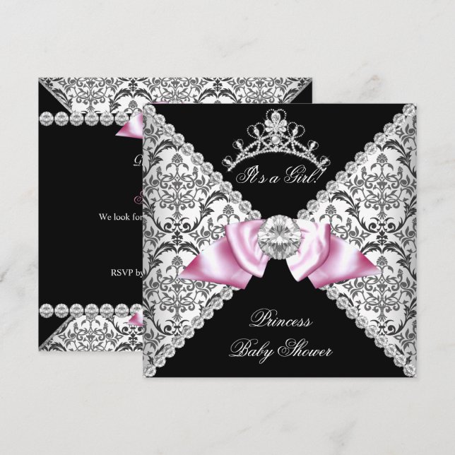 Black Damask Pink Bow Princess Baby Shower Pink Invitation (Front/Back)