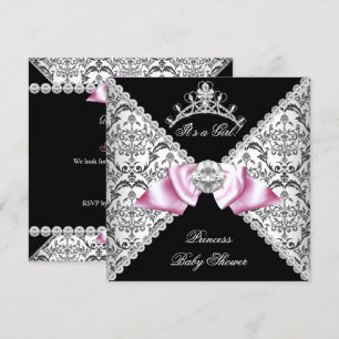 Black Damask Pink Bow Princess Baby Shower Pink Invitation