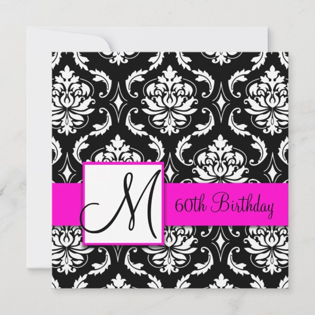 Black Damask Pink Monogram 60th Birthday Invite (Front)