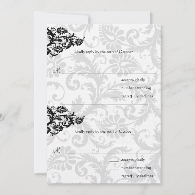 Black Damask Plum Hearts RSVP Wedding Invitation (Front)